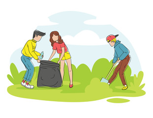 Color vector illustration of a style about environmental protection. Volunteer teenagers collect garbage together in the park. Landing page concept, template, user interface, eco website.