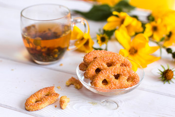 Herbal natural hot tea with different herbs,lemon and honey. Vitamins, healthy lifestyle concept