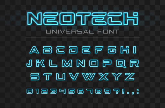 Technology glowing font. Fast sport, futuristic, future tech alphabet. Neon letters and numbers for high speed, techno industrial, hi-tech logo design. Modern minimalistic vector abc typeface