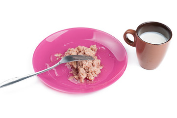 Tuna on pink plate isolated on white background.Breakfast