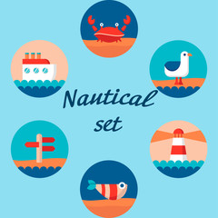 cute icons sea objects collection. vector illustration