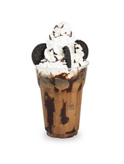 Oreo and milk smoothie in cafe on white background clipping path