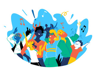 Group of people of different ages is happy to be together celebrating a special event. Happy family enjoy concert, music festival, party, show, performance, recital. Vector illustration - obrazy, fototapety, plakaty