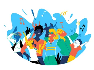 Poster Group of people of different ages is happy to be together celebrating a special event. Happy family enjoy concert, music festival, party, show, performance, recital. Vector illustration © Hurca!