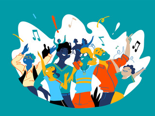 Group of people of different ages is happy to be together celebrating a special event. Happy family enjoy concert, music festival, party, show, performance, recital. Vector illustration - obrazy, fototapety, plakaty