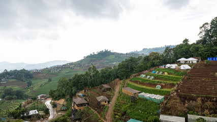 View on a hill overlooking various houses and vegetable gardens. Beautiful sky. Jam Jam, Chiang...