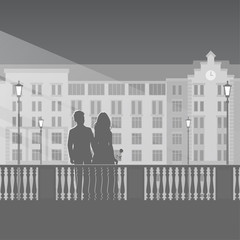 Silhouettes of man and woman on a love date in the night city. In the background is a beautiful building and street lamps. Monochrome vector illustration on a romantic theme.