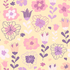 Elegant floral pattern for kids. Floral seamless background in pastel colors. Cute floral seamless pattern. Vintage botanical texture, vector. Good for products for kids, wallpaper, textile and more