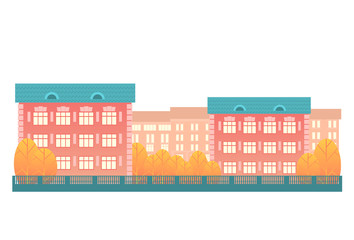 Autumn city. Residential building, yellow trees, patterned fencing. Vector isolated illustration in a flat style.