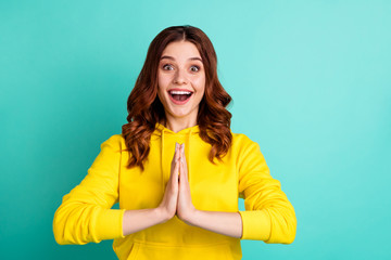 Photo of cheerful cute nice charming fascinating girlfriend begging you saying prayer with ecstatic...
