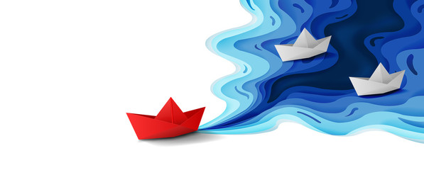 Leadership concept, Origami red paper boat floating in front of white paper boats on blue water polygonal trendy craft style, Paper art design banner background