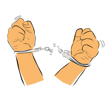Simple Vector Hand Draw Sketch Flat Color, Ilustration for freedom from under arrest, man with Handcuff