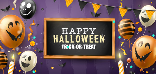 Hapy Halloween banner with scary air balloons, streamers and empty chalkboard