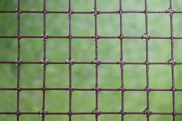 old steel wire mesh with water drop on green background