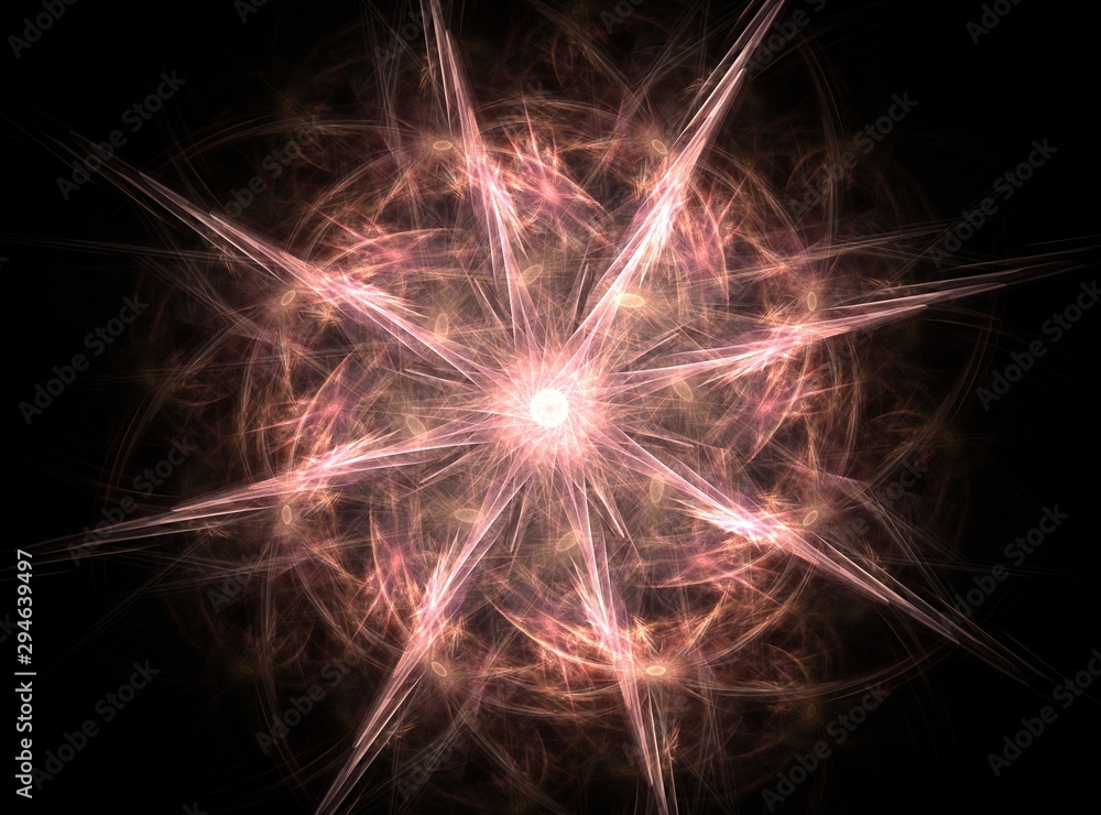 Poster particles of abstract fractal forms on the subject of nuclear physics science and graphic design. ge