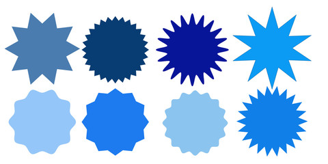 Set of  blue violet ultramarine starburst stamps on white background. Badges and labels various shapes. Vector illustration	