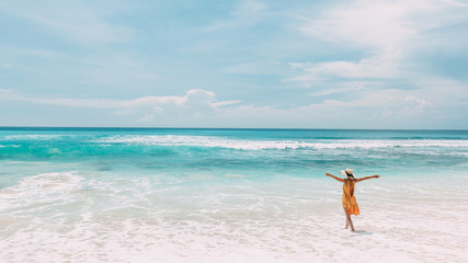 Fototapeta na wymiar Woman walking in blue lagoon with paradise view
