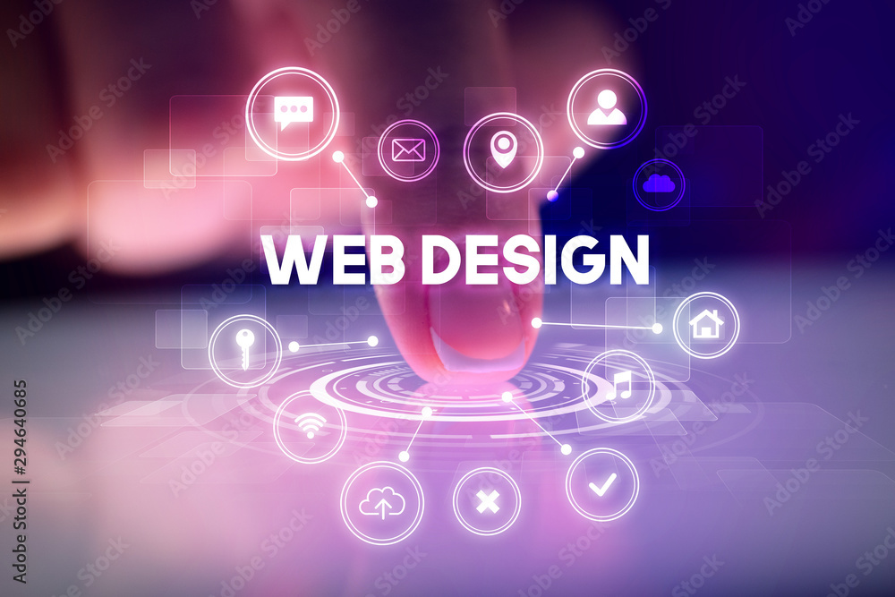 Aufkleber Finger touching tablet with web technology icons and WEB DESIGN inscription, web technology concept