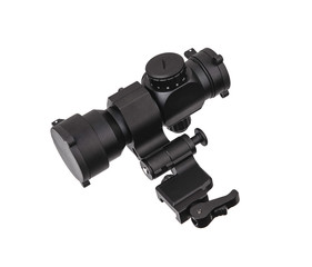 modern black optical scope for weapon isolated on whited. sight scope isolated on white back.