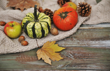 Obraz na płótnie Canvas Autumn flat lay background. Pumpkins, apples, nuts,leaves, cups and sweater on wooden background.