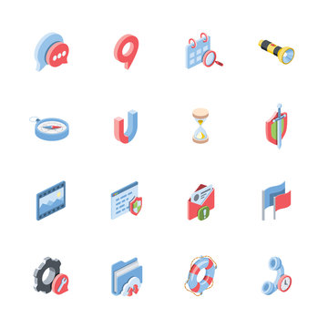 Vector 3d isometric web icons set, new flat style. Creative color illustration, idea for infographics.