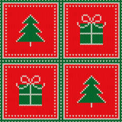 Ugly Christmas Sweater Party Pattern Design. Winter Holiday Seamless Wool Knit Texture Background with Christmas Tree and Gift Box Ornament