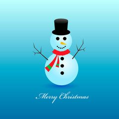 snowman with red santa hat, scarf and mittens Isolated on blue background. Winter symbol. Christmas and New Year design element. Cute cartoon character.