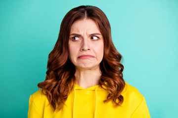 Close up photo of disgusted youngster envious with hating facial expression furious angry isolated...