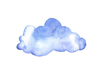 Blue watercolor cloud on white background. Hand painted design element for cards, posters, stickers
