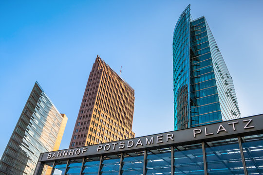 Towers and train station entrance in Potsdamer Platz, Berlin, Germany