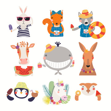 Big set with cute animals doing summer activities. Isolated objects on white background. Hand drawn vector illustration. Scandinavian style flat design. Concept for children print. Cartoon characters.