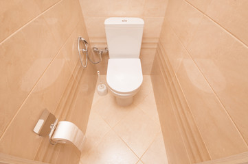 Up view on toilet bowl in restroom