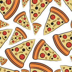 Seamless pattern. Pieces of pizza on a white background. Vector drawing. Texture.