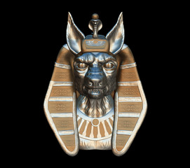 The Egyptian God SETH. Metal sculpture on black background. 3 D illustration.