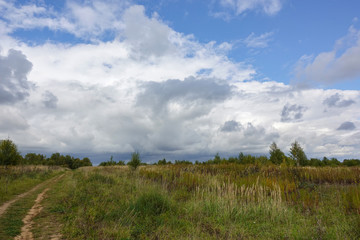 Summer landscape with green grass, road and clouds