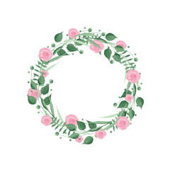 Watercolor wreath, frame with pink and orange roses, leaves and twigs. Ideal for invitations and greeting cards.