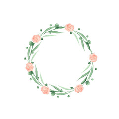 Watercolor wreath, frame with pink and orange roses, leaves and twigs. Ideal for invitations and greeting cards.