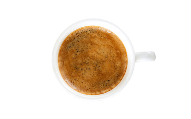 White cup of espresso coffee with crema isolated on white background, with clipping path