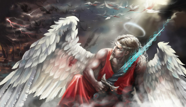 Angel with the sword. Fell. Battle of angels. Digital painting. Portrait.