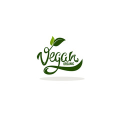 vegan, healthy and organic, green glossy leaves and lettering composition for your labels, logo, emblems design template