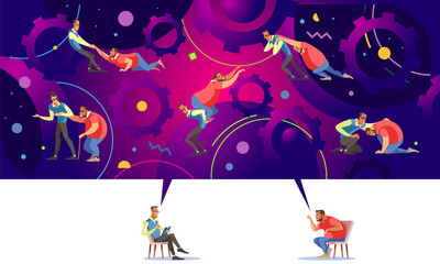 Obraz premium Illustration of the communication between two humans two brains in form of speech, conflict or understanding. Solution exchange and transfer of ideas concept exchanging answers to challenges.