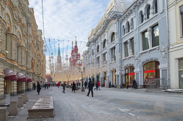 Moscow, Russia - January 9, 2019: Winter view of Nikolskaya street in festive decoration