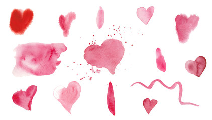 Set of watercolor pink textures. Spots, lines and hearts by St. Valentine's Day. Design for weddings, cards, textiles, packaging and backgrounds.