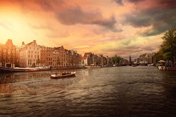 Canals of Amsterdam in cloudy weather