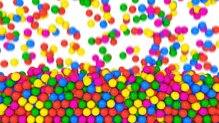 Pile of gumballs fill screen with colorful rolling and falling balls. Multicolored spheres in pool for children fun abstract transition. Bright 3D animation for composite overlay with alpha channel