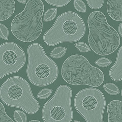 Seamless pattern from hand-drawn cartoon avocados on a green background.