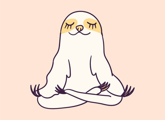 Cute cartoon character sloth doing meditation funny vector illustration. T-shirt print graphic art. © stournsaeh
