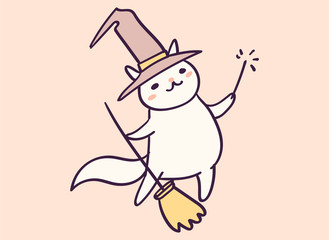 Cute cartoon character cat dressed as witch for Halloween, funny vector illustration. T-shirt print graphic art.