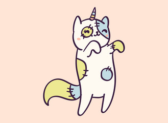 Cute cartoon character cat unicorn dressed as zombie for Halloween, funny vector illustration. T-shirt print graphic art.