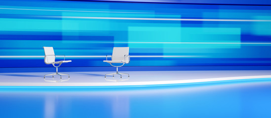 Two white, empty chairs in the modern tv studio with the wide screen. 3D render illustration.